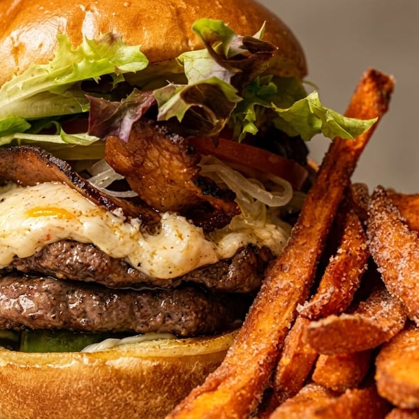 Close-up of a double cheeseburger with melted cheese, lettuce, and bacon, next to sweet potato fries.