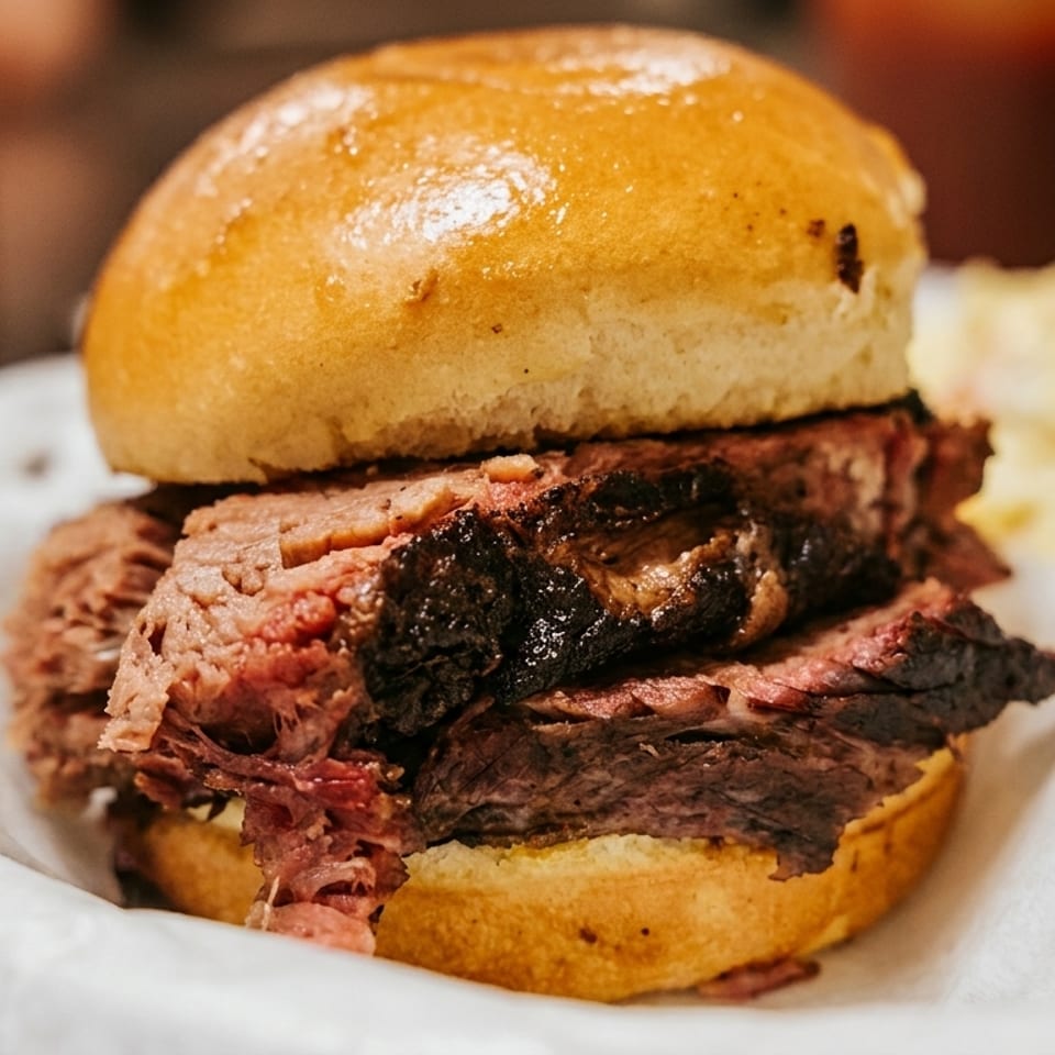 Close-up of a brisket sandwich on a bun, served in a paper-lined basket with sides.