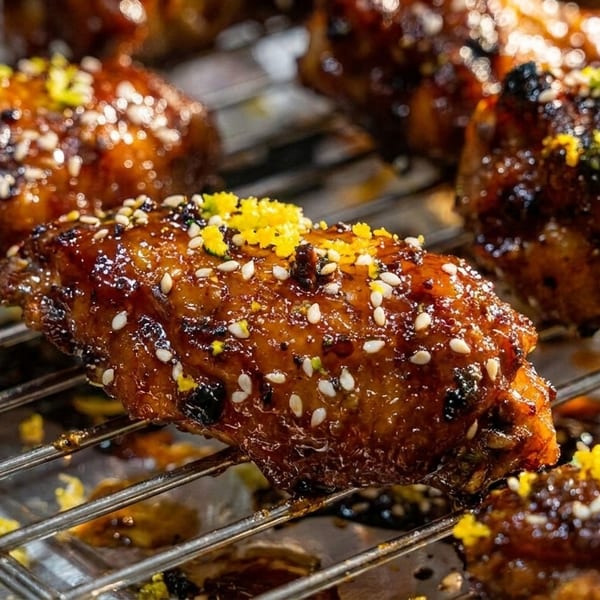 Close-up of glazed chicken wings with sesame seeds and lemon zest on a metal rack.