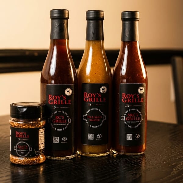 Four Roy's Grille branded products, including three sauce bottles and one spice rub, on a dark wooden table.