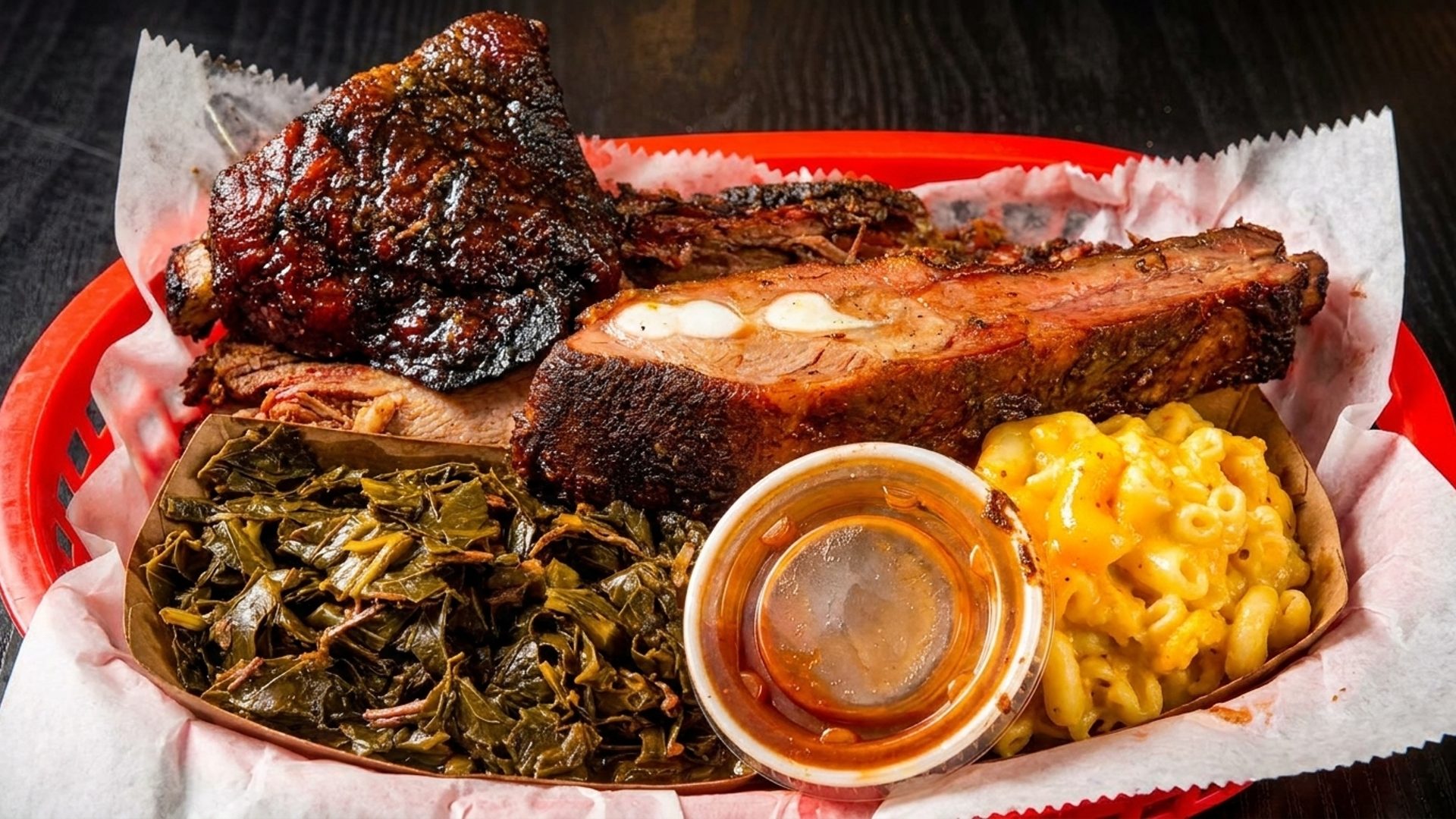 The full platter — ribs, brisket, collards, mac